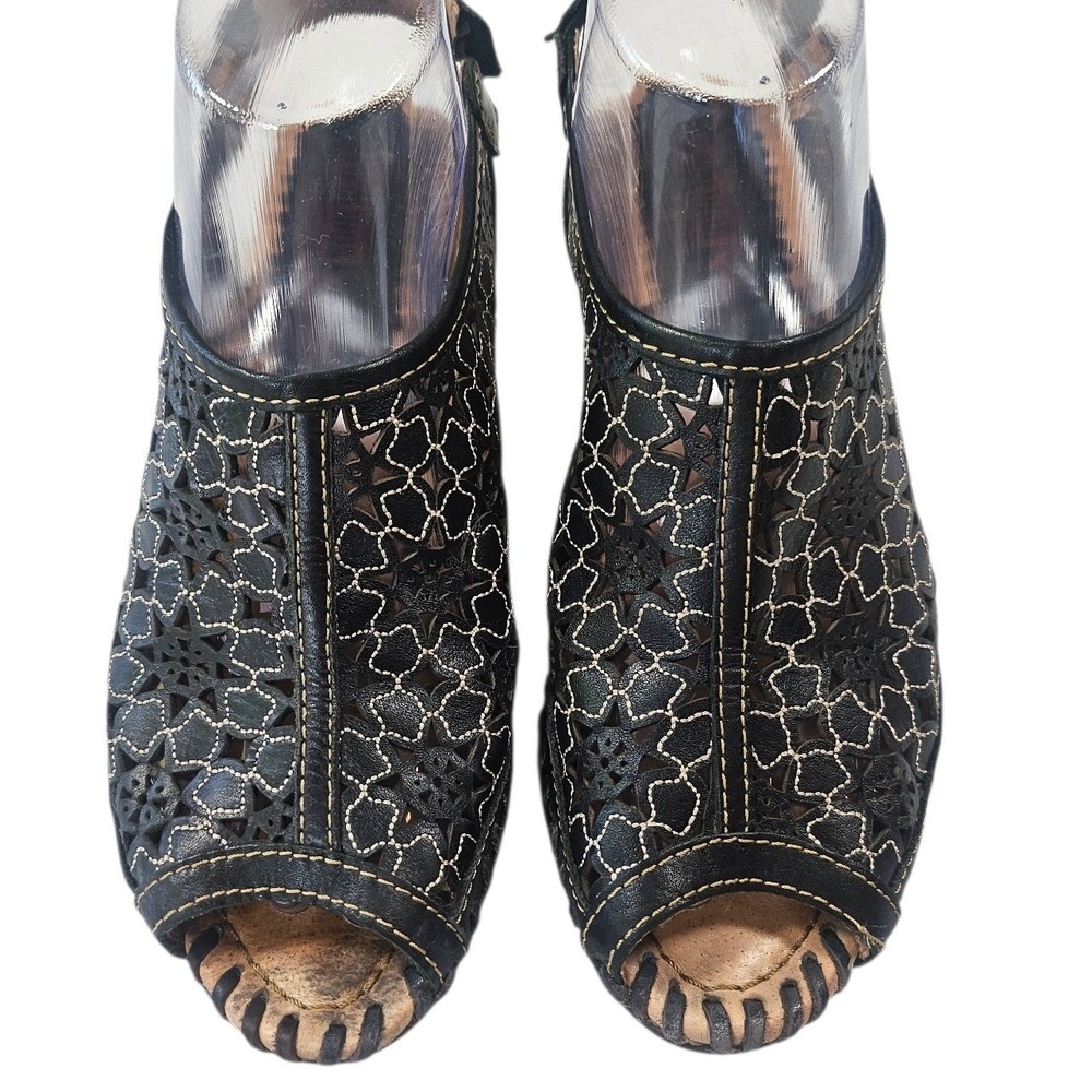 Pikolinos Black Leather Laser Cut Floral Wedge Sandals Peep Toe Boho size 38 - Picture 2 of 16